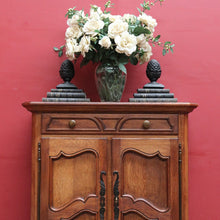 Load image into Gallery viewer, Antique French Oak Two Door Hall Cabinet with Single Drawer Panelled Doors Brass Handles and Fixed Shelf. B12850