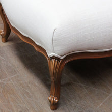 Load image into Gallery viewer, Vintage European Walnut Upholstered Footstool Ottoman, Linen Fabric. B13121