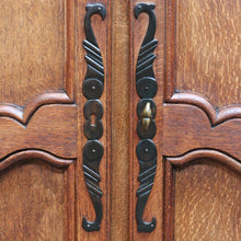 Load image into Gallery viewer, Antique French Oak Two Door Hall Cabinet with Single Drawer Panelled Doors Brass Handles and Fixed Shelf. B12850