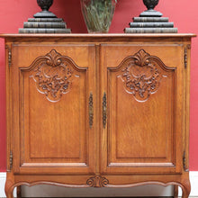 Load image into Gallery viewer, x SOLD Antique French Oak Two Door Cabinet with Carved Detail Brass Escutcheons Narrow Depth and Key. B12855