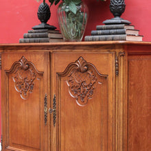 Load image into Gallery viewer, x SOLD Antique French Oak Two Door Cabinet with Carved Detail Brass Escutcheons Narrow Depth and Key. B12855