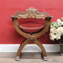 Load image into Gallery viewer, Vintage Italian Savonarola Style Leather Seat Chair with Carved Coat of Arms. B13098