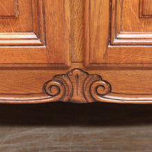 Load image into Gallery viewer, x SOLD Antique French Oak Two Door Cabinet with Carved Detail Brass Escutcheons Narrow Depth and Key. B12855