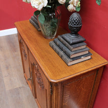 Load image into Gallery viewer, x SOLD Antique French Oak Two Door Cabinet with Carved Detail Brass Escutcheons Narrow Depth and Key. B12855