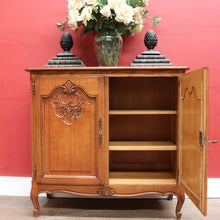Load image into Gallery viewer, x SOLD Antique French Oak Two Door Cabinet with Carved Detail Brass Escutcheons Narrow Depth and Key. B12855