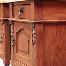 Load image into Gallery viewer, x SOLD Pair of French Oak Bedside Tables with Eggshell Marble Tops Brass Drop Handles and Storage. B12742