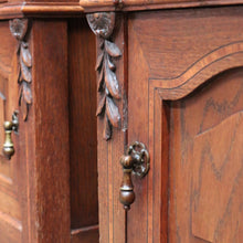 Load image into Gallery viewer, x SOLD Pair of French Oak Bedside Tables with Eggshell Marble Tops Brass Drop Handles and Storage. B12742