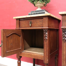 Load image into Gallery viewer, x SOLD Pair of French Oak Bedside Tables with Eggshell Marble Tops Brass Drop Handles and Storage. B12742