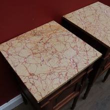 Load image into Gallery viewer, x SOLD Pair of French Oak Bedside Tables with Eggshell Marble Tops Brass Drop Handles and Storage. B12742