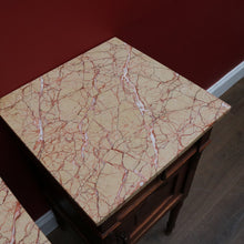 Load image into Gallery viewer, x SOLD Pair of French Oak Bedside Tables with Eggshell Marble Tops Brass Drop Handles and Storage. B12742