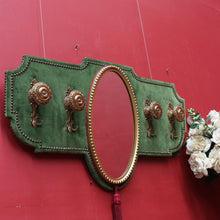 Load image into Gallery viewer, x SOLD Antique French Coat Rack with Four Large Hooks Green Velvet Backing and Oval Mirror. B12796