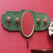 Load image into Gallery viewer, x SOLD Antique French Coat Rack with Four Large Hooks Green Velvet Backing and Oval Mirror. B12796