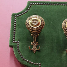 Load image into Gallery viewer, x SOLD Antique French Coat Rack with Four Large Hooks Green Velvet Backing and Oval Mirror. B12796
