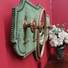 Load image into Gallery viewer, x SOLD Antique French Coat Rack with Four Large Hooks Green Velvet Backing and Oval Mirror. B12796