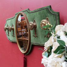 Load image into Gallery viewer, x SOLD Antique French Coat Rack with Four Large Hooks Green Velvet Backing and Oval Mirror. B12796