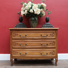 Load image into Gallery viewer, x SOLD Vintage French Chest of Three Drawers with Metal Handles and Carved End Detail. B12772