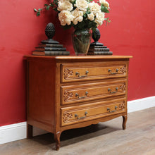 Load image into Gallery viewer, x SOLD Vintage French Chest of Three Drawers with Metal Handles and Carved End Detail. B12772