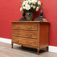 Load image into Gallery viewer, x SOLD Vintage French Chest of Three Drawers with Metal Handles and Carved End Detail. B12772