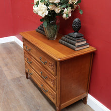 Load image into Gallery viewer, x SOLD Vintage French Chest of Three Drawers with Metal Handles and Carved End Detail. B12772