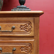 Load image into Gallery viewer, x SOLD Vintage French Chest of Three Drawers with Metal Handles and Carved End Detail. B12772