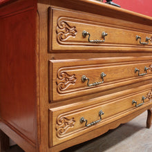 Load image into Gallery viewer, x SOLD Vintage French Chest of Three Drawers with Metal Handles and Carved End Detail. B12772