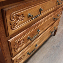 Load image into Gallery viewer, x SOLD Vintage French Chest of Three Drawers with Metal Handles and Carved End Detail. B12772