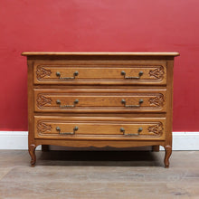 Load image into Gallery viewer, x SOLD Vintage French Chest of Three Drawers with Metal Handles and Carved End Detail. B12772