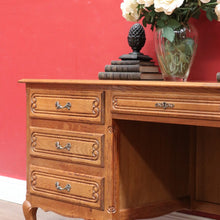 Load image into Gallery viewer, Antique French Oak Desk with Three Side Drawers Single Top Drawer Knee Hole and Key. B12812