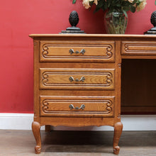 Load image into Gallery viewer, Antique French Oak Desk with Three Side Drawers Single Top Drawer Knee Hole and Key. B12812