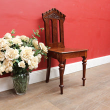 Load image into Gallery viewer, Antique Australian Cedar Hall Chair with Carved Gothic / Church Architectural Back. B13097