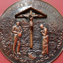 Load image into Gallery viewer, Decorative Dutch Copper Wall Hanging with Religious Scene Crucifix and Inscription. B12858