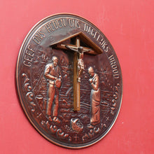 Load image into Gallery viewer, Decorative Dutch Copper Wall Hanging with Religious Scene Crucifix and Inscription. B12858