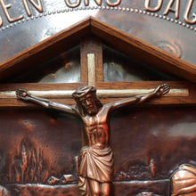 Load image into Gallery viewer, Decorative Dutch Copper Wall Hanging with Religious Scene Crucifix and Inscription. B12858