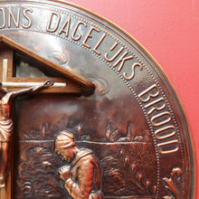 Load image into Gallery viewer, Decorative Dutch Copper Wall Hanging with Religious Scene Crucifix and Inscription. B12858