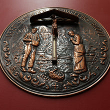 Load image into Gallery viewer, Decorative Dutch Copper Wall Hanging with Religious Scene Crucifix and Inscription. B12858