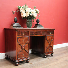 Load image into Gallery viewer, x SOLD Antique English Oak Office Desk with Brown Leather Top and Brass Handles. B12375