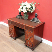 Load image into Gallery viewer, x SOLD Antique English Oak Office Desk with Brown Leather Top and Brass Handles. B12375