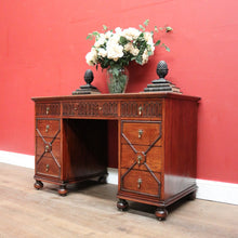 Load image into Gallery viewer, x SOLD Antique English Oak Office Desk with Brown Leather Top and Brass Handles. B12375