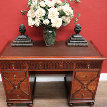 Load image into Gallery viewer, x SOLD Antique English Oak Office Desk with Brown Leather Top and Brass Handles. B12375