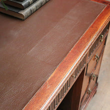Load image into Gallery viewer, x SOLD Antique English Oak Office Desk with Brown Leather Top and Brass Handles. B12375
