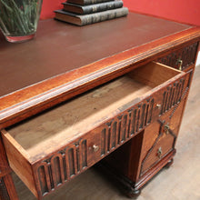Load image into Gallery viewer, x SOLD Antique English Oak Office Desk with Brown Leather Top and Brass Handles. B12375