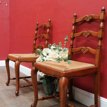 Load image into Gallery viewer, Pair of French Oak Ladder Back Chairs with Rush Seats and Acorn Finials. B12820