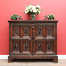 Load image into Gallery viewer, x SOLD Antique French Gothic Revival Cabinet with Intricate Carved Panels Linen Fold Sides Adjustable Shelves and Key. B12717