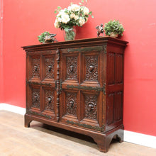 Load image into Gallery viewer, x SOLD Antique French Gothic Revival Cabinet with Intricate Carved Panels Linen Fold Sides Adjustable Shelves and Key. B12717