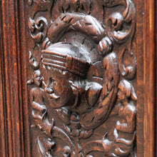 Load image into Gallery viewer, x SOLD Antique French Gothic Revival Cabinet with Intricate Carved Panels Linen Fold Sides Adjustable Shelves and Key. B12717