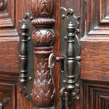 Load image into Gallery viewer, x SOLD Antique French Gothic Revival Cabinet with Intricate Carved Panels Linen Fold Sides Adjustable Shelves and Key. B12717