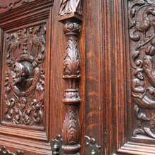 Load image into Gallery viewer, x SOLD Antique French Gothic Revival Cabinet with Intricate Carved Panels Linen Fold Sides Adjustable Shelves and Key. B12717