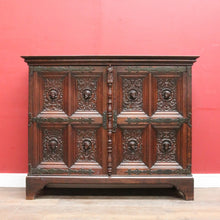 Load image into Gallery viewer, x SOLD Antique French Gothic Revival Cabinet with Intricate Carved Panels Linen Fold Sides Adjustable Shelves and Key. B12717