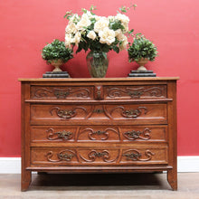Load image into Gallery viewer, x SOLD Antique French Oak Art Nouveau Chest of Drawers with Brass Handles and Carved Door Detail. B12866