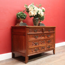Load image into Gallery viewer, x SOLD Antique French Oak Art Nouveau Chest of Drawers with Brass Handles and Carved Door Detail. B12866